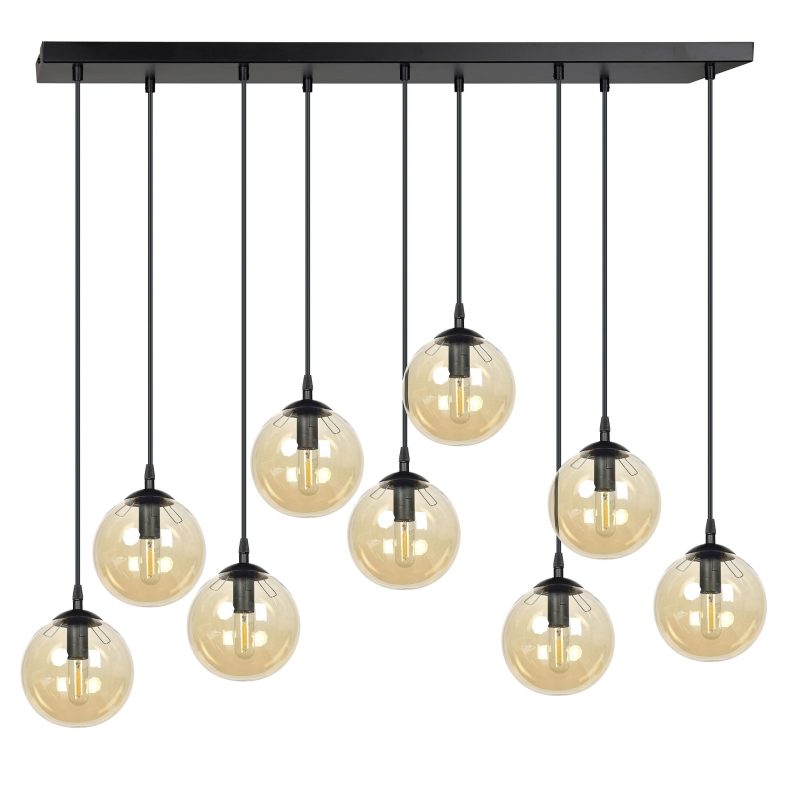 Emibig Lampada a sospensione nera larga 9 lampade con vetro ambra per lampade E14
