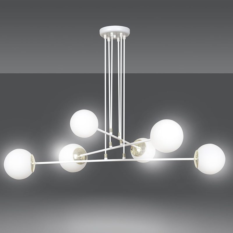 Emibig Oulu grote witte hanglamp met messing en 6 witte glazen bollen E14