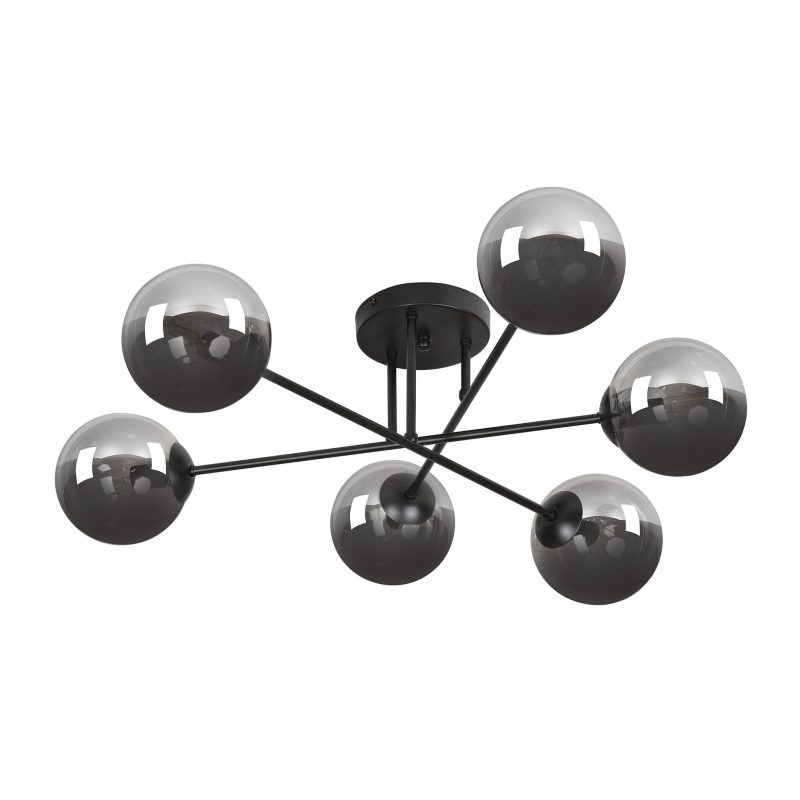 Emibig Kangasala ronde speelse 6L plafondlamp zwart met gerookte glas bollen E14