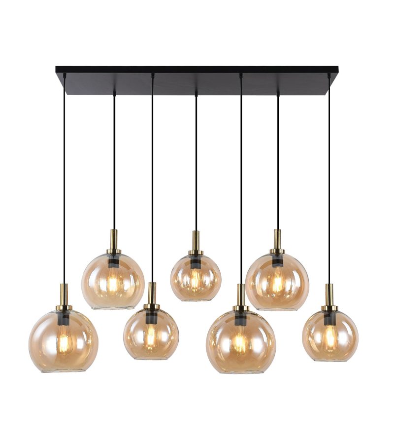 Fantasia Osira pendant light E27 7-light black-gold amber glass