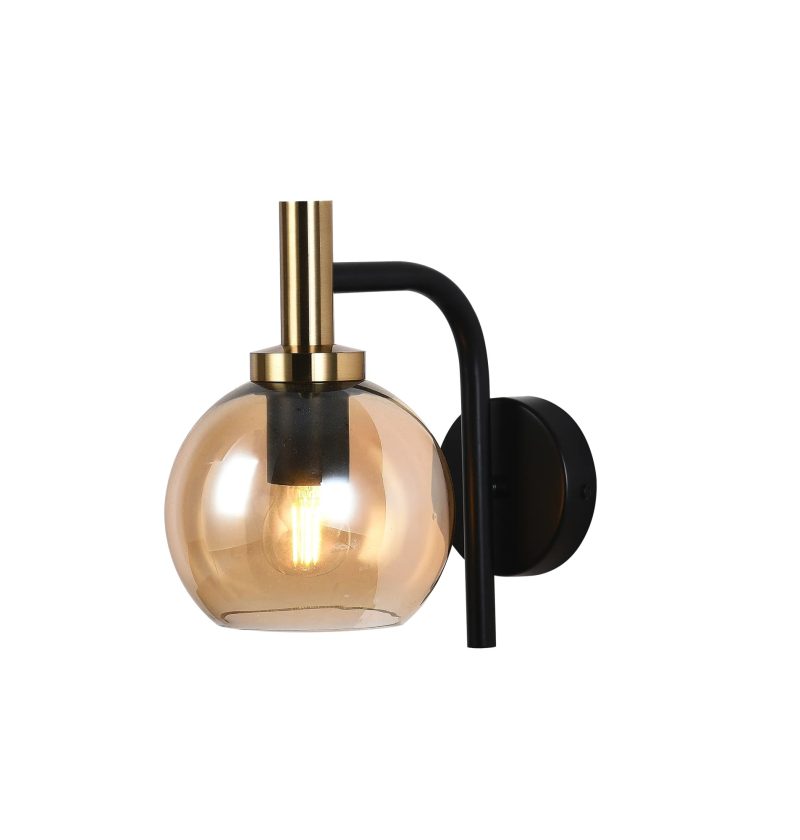 Fantasia Osira wall light E27 black-gold, amber glass Ø150mm IP20