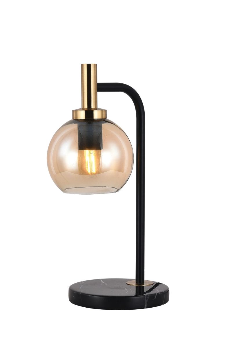Fantasia Lampe de table Osira E27 base noir-or, abat-jour verre ambré Ø150mm